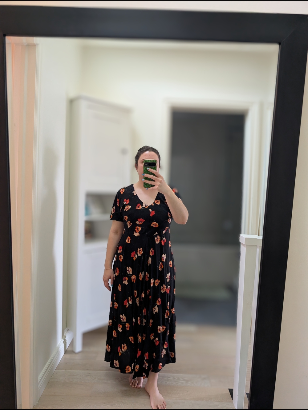 Zara Black Maxi Dress with Red & Orange Floral Print